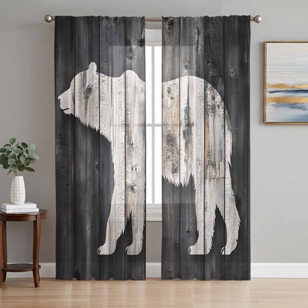 White Brown Bear Sheer Curtains 72 Inch Length 2 Panels Set Farmhouse Country Vintage Wood Grain Voile Window Treatment Rod Pocket Curtains Sheers Drapes for Bedroom/Living Room/Kitchen 52 x72 x2