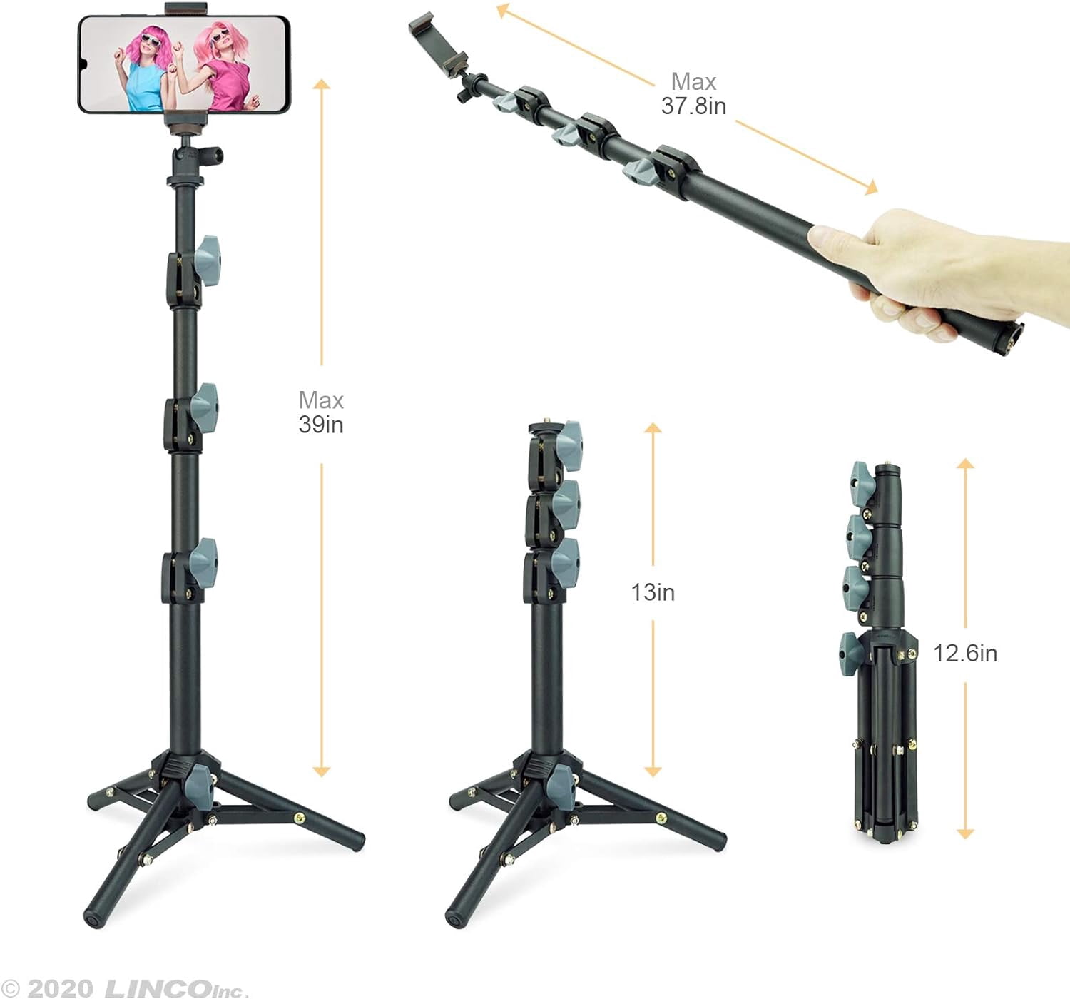 LINCO Adjustable Selfie Stick Tripod 40”  Rotatable Selfie Stick with Bluetooth Wireless Remote Shutter for iPhone Samsung-Black