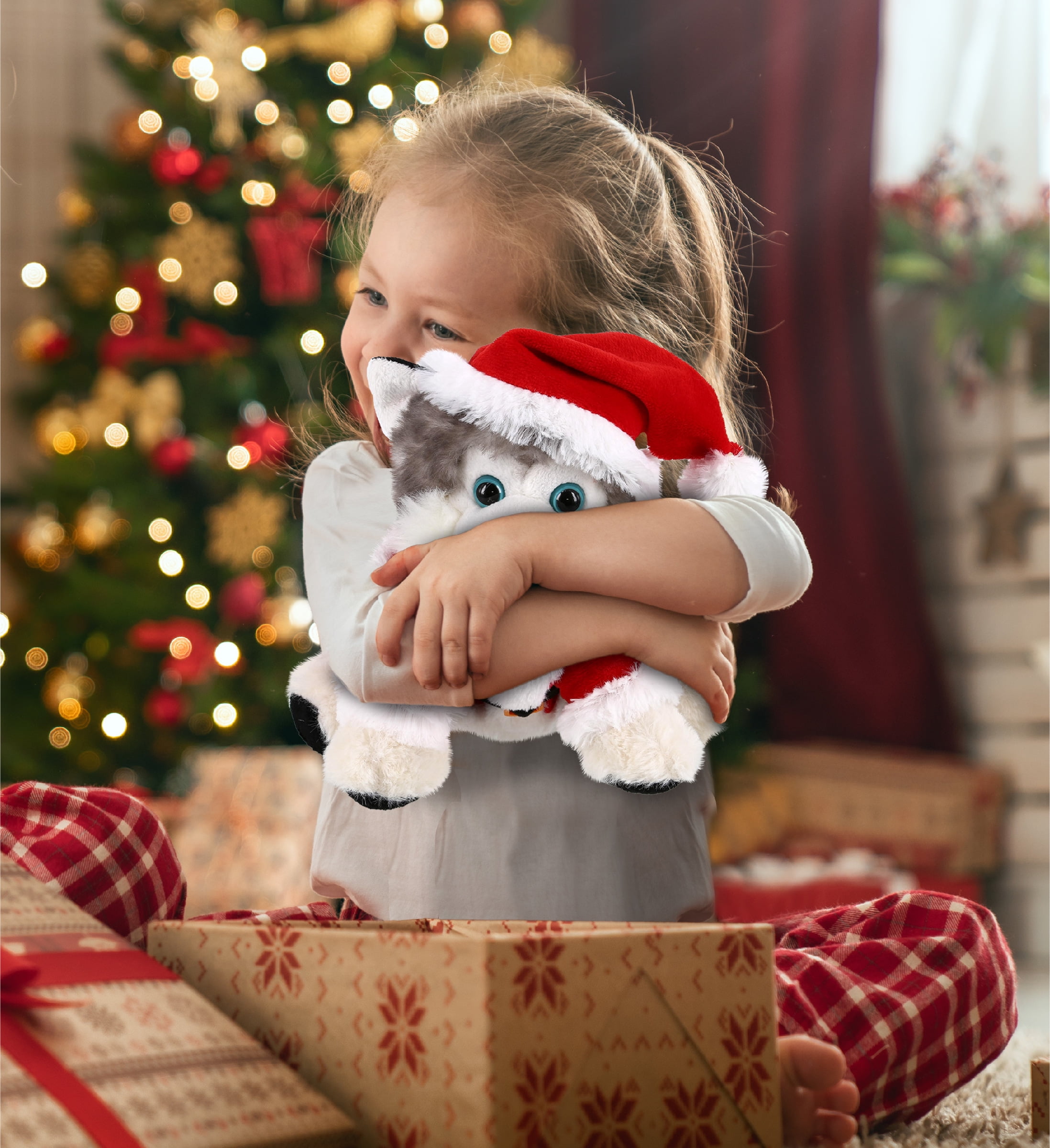 DolliBu Santa Floppy Husky Stuffed Animal Plush Toy - Super Soft Dog Plush Dress Up with Red Santa Claus Outfit, Cute Pet Holiday Christmas Gift - 7.5 Inches
