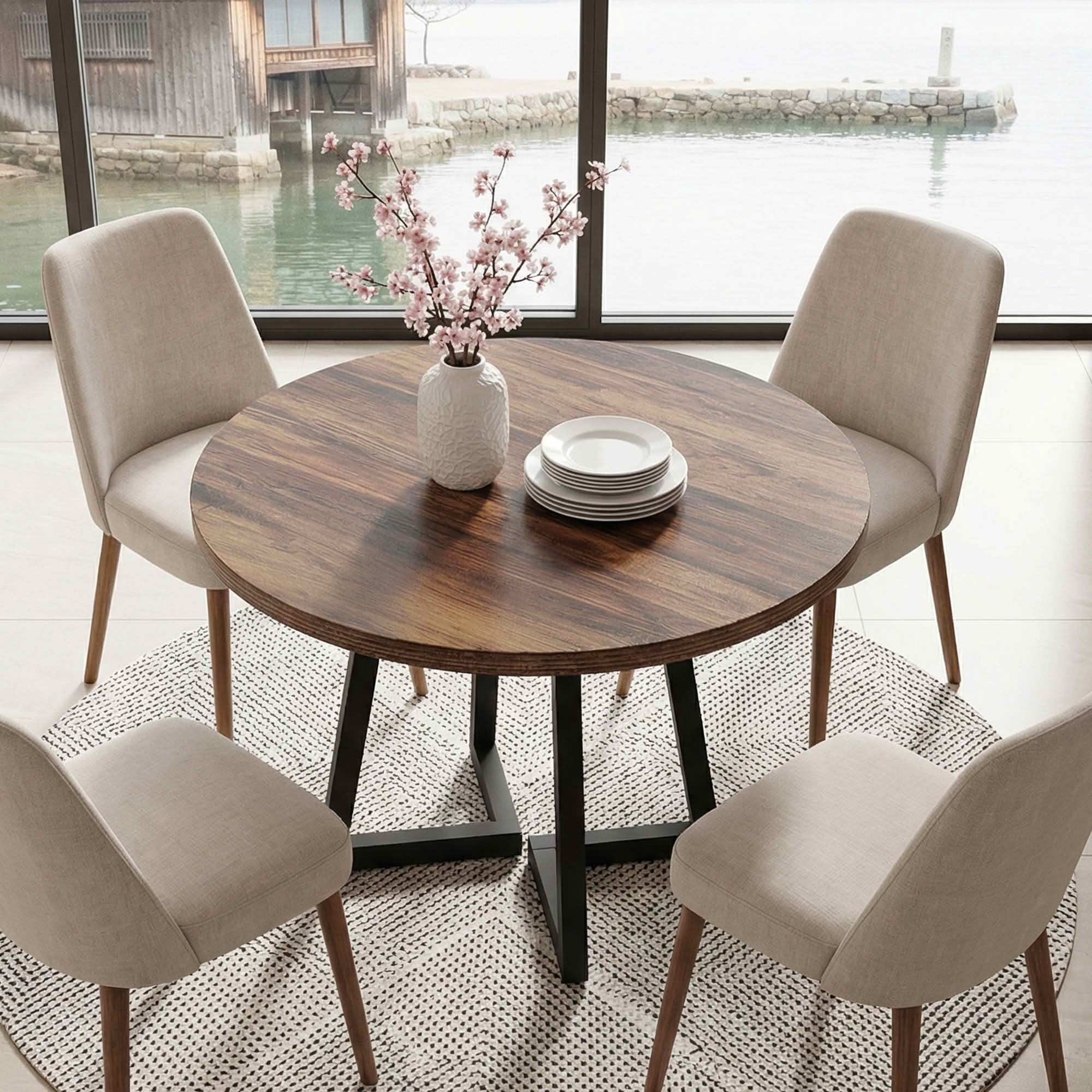 MAYEERTY 31.5 Inch Round Industrial Dining Table, Vintage Brown Wood Kitchen Dinner Table with Black Metal Base for 2 People