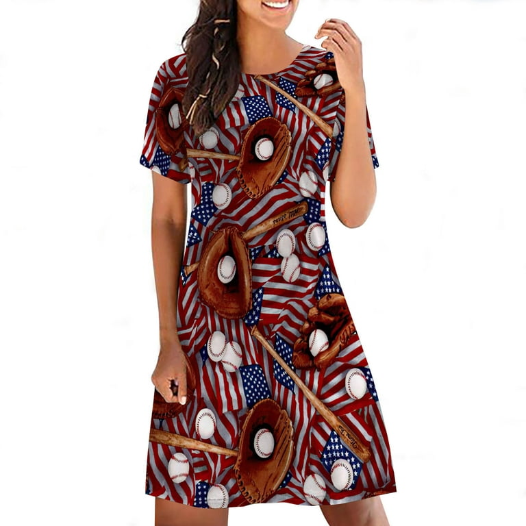 WQJNWEQ Clearance Independence Day Clothes Ladies Summer Vintage Casual  Independence Day Printed Fashion Short Sleeve Round Neck Dress 