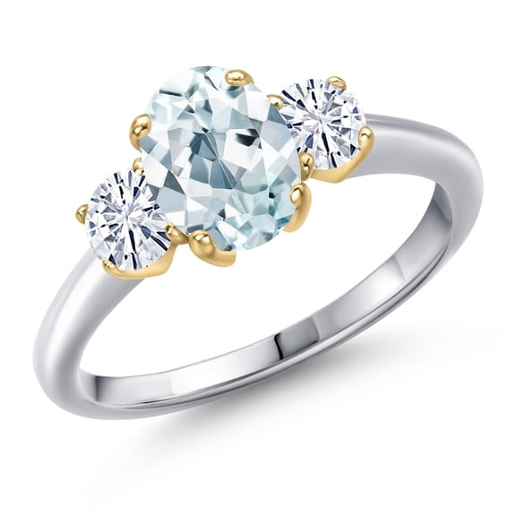 Gem Stone King 925 Silver and 10K Yellow Gold Sky Blue Aquamarine and White Moissanite Engagement Ring for Women | 1.66 Cttw | Oval 8X6MM | Gemstone March Birthstone | Size 8