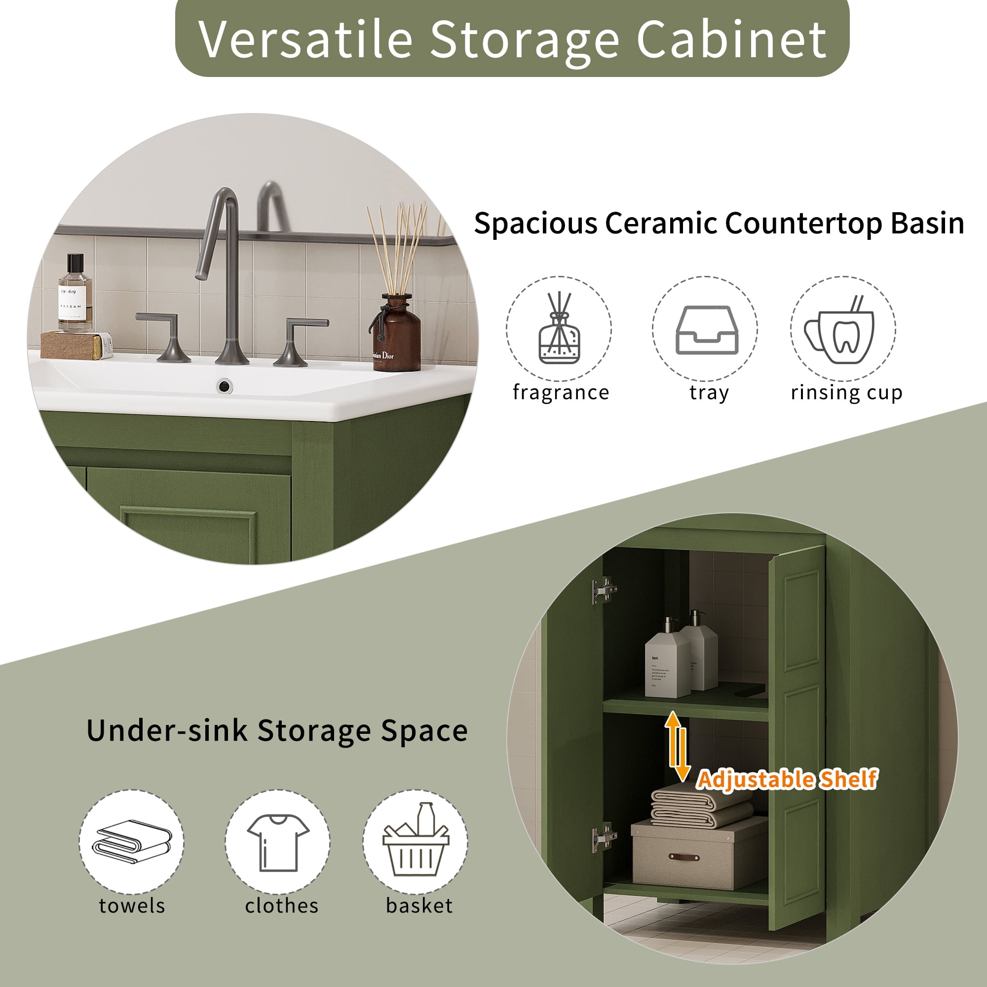 Euroco Bathroom Vanity with Ceramic Sink, Soft-Close Doors, and Adjustable Storage Shelf, Vintage Wood Cabinet for Small Bathrooms