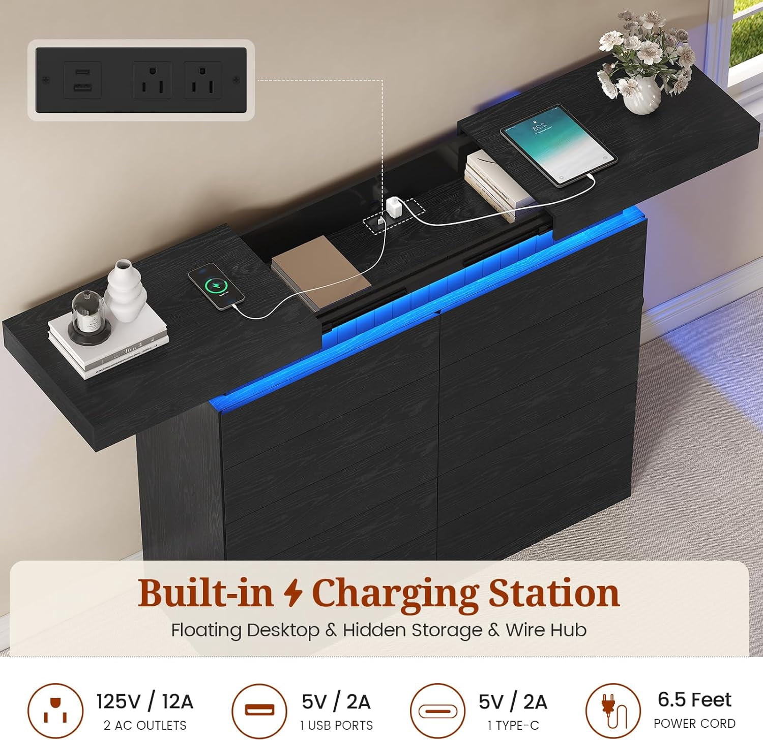 10 Drawer Double Dresser, Chest Of Drawers with LED Light and Power Outlet, Modern Bedroom Dresser with Sliding Top Storage Space for Living Room, Hallway, Entryway, Black