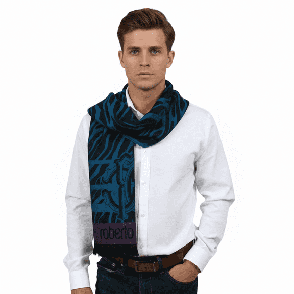 Roberto Cavalli ESZ057 04505 Turquoise Wool Blend Tiger Print Mens Scarf for mens