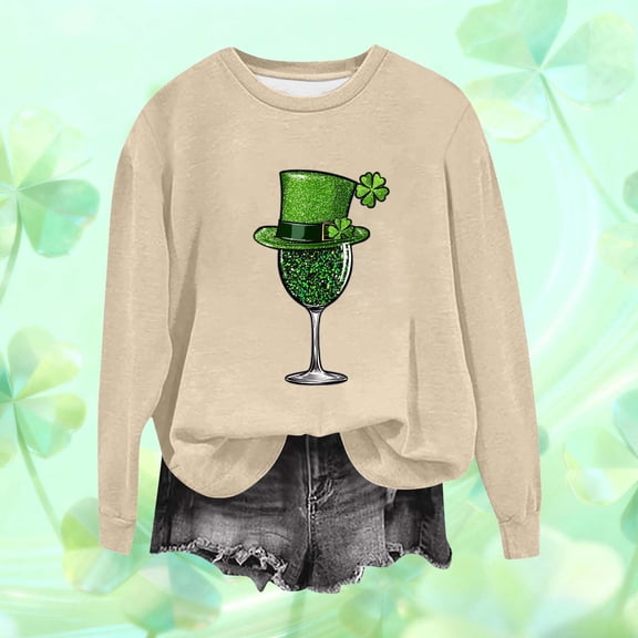 St. Patrick's Day Sweatshirt for Women Graphic Wine Glass Leprechaun Hat Print Crewneck Long Sleeve Loose Fit Festive Holiday Party Pullover Top