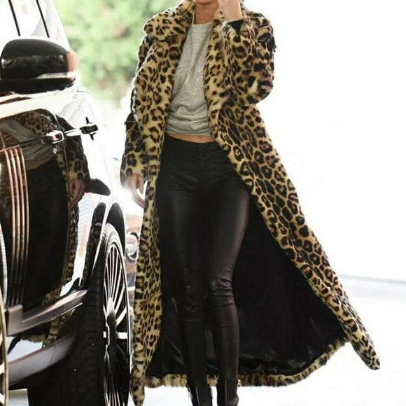 Meichang Women's Winter Leopard Coats Faux Fur Maxi Fleece Jacket Warm Long Sleeve Lapel Open Front Ankle Length Outerwear Long Overcoat Coffee XXXL