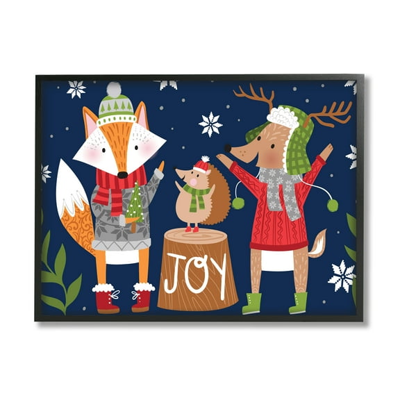 Stupell Industries Snowy Winter Woodland Animals Adorable Fox Reindeer Hedgehog Animals & Insects Painting Black Framed Art Print Wall Art, 11 x 14