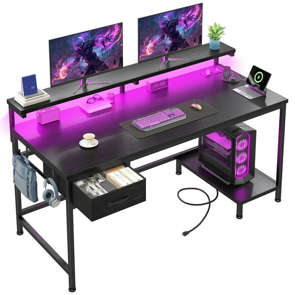 Romorgniz Gaming Desk with Power Outlet, Fabric Drawer & RGB LED Lights, Black Computer Desk with Adjustable Monitor Stand & CPU Holder for Home Office