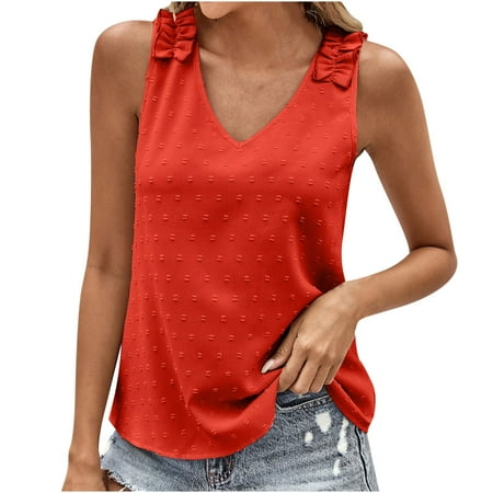 Women s V Neck Tank Tops Swiss Dot Slim Fit Babydoll Summer Sleeveless Solid Color Lace Patchwork Tees Red XL