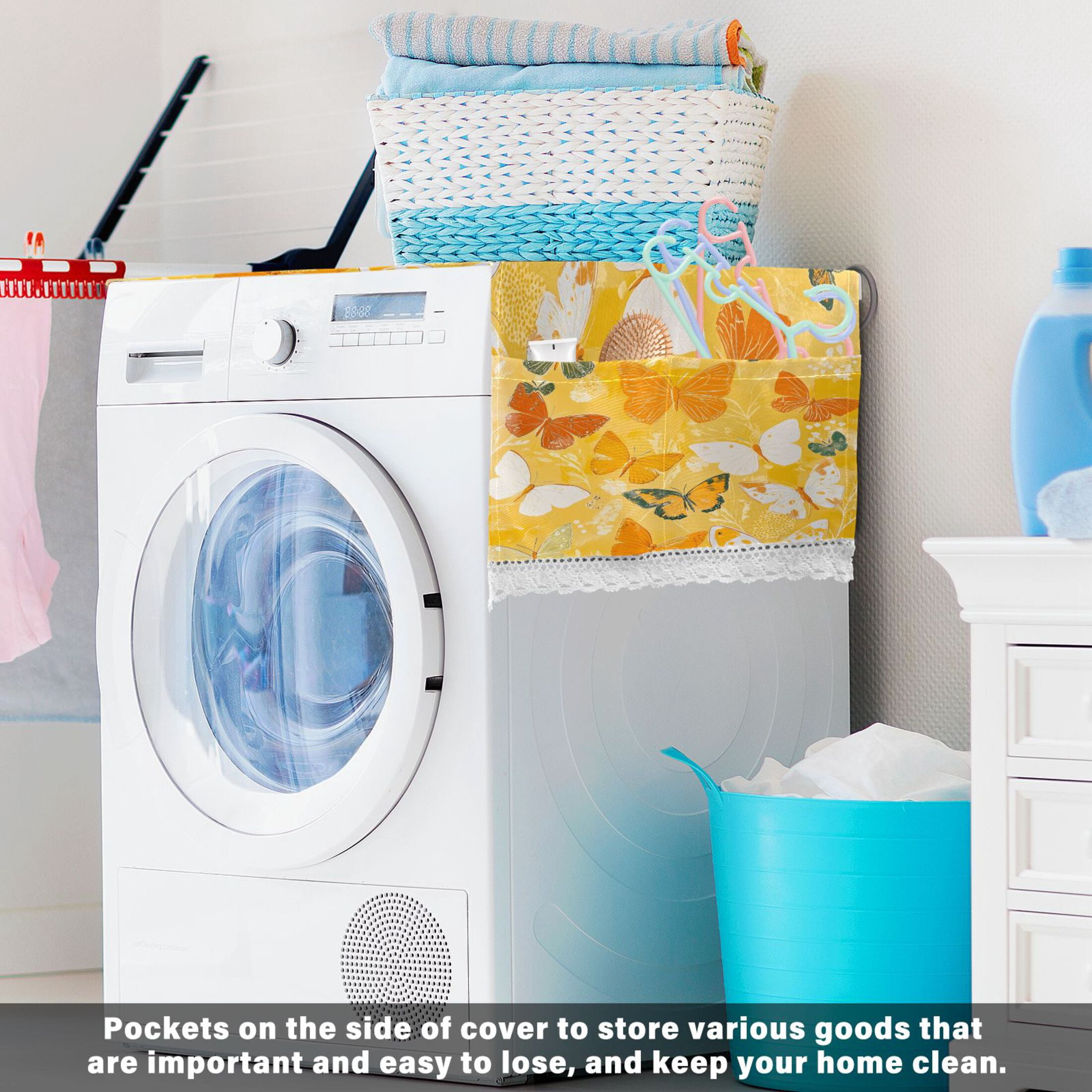 Orange ButterflyWasher and Dryer Covers Dust-Proof and Oil Resistant Fridge Cover with 4 Storage Pockets Washing Machine Top Cover for Laundry Kitchen Home 51.2 x 22 In