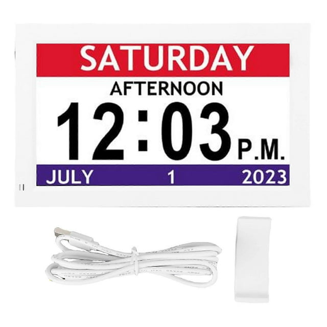 7 inch digital clock with day and large display, digital calendar, alarm clock, day, with 12 custom alarms, automatic dimming