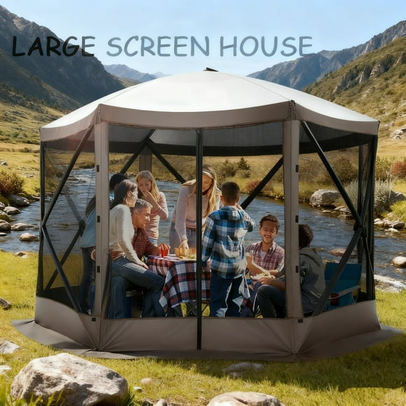 COBIZI Pavillon Escamotable 12'x12 Pieds Tente de Camping Extérieure avec 6 Côtés Moustiquaire, Imperméable, Résistant aux UV, Pièce Portable Screen House, Tente de Fête à Installation Facile avec Sac de Transport, Piquet de Sol, Brun