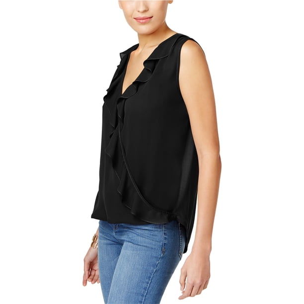 INC Blusa de punto con volantes para mujer, negra, mediana