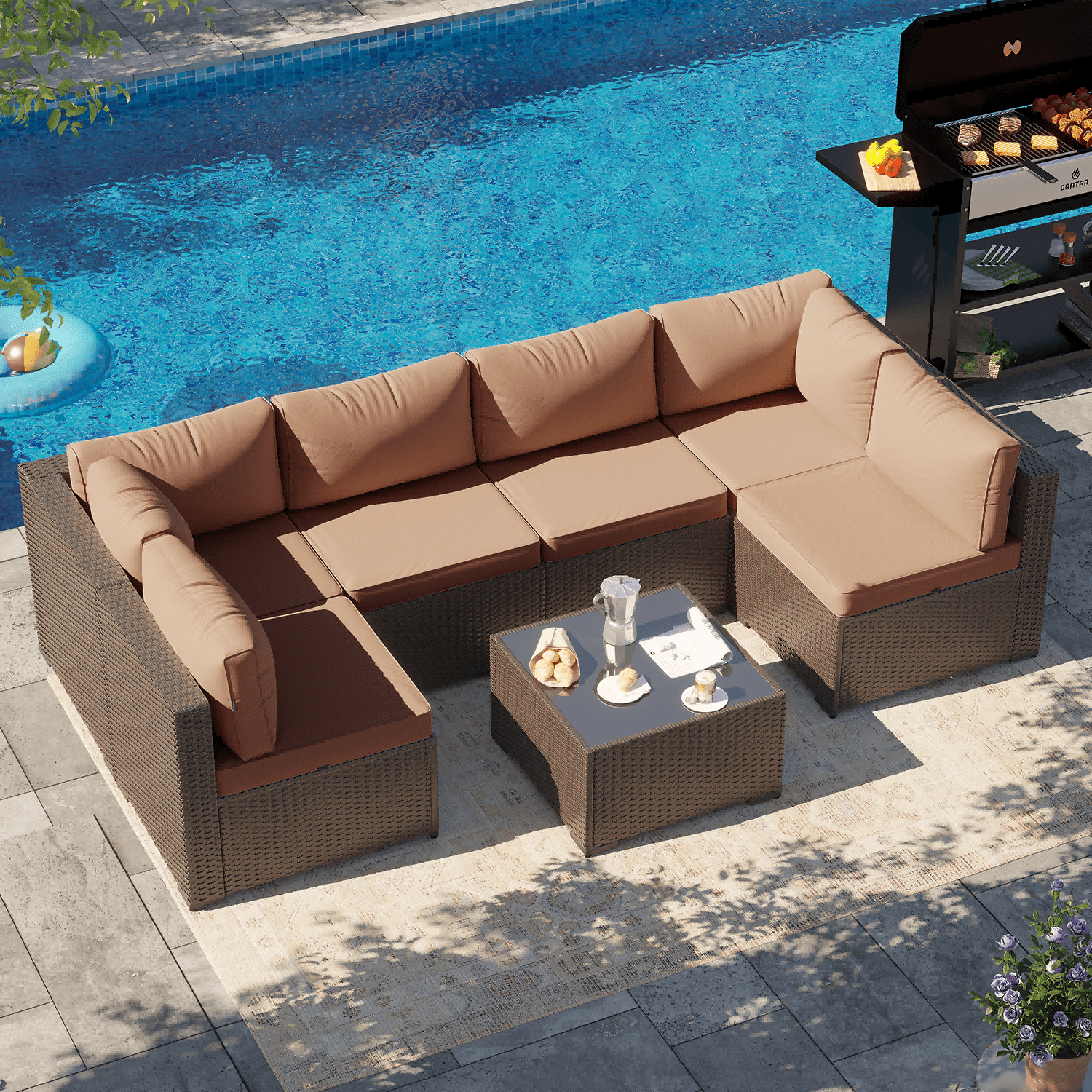 BaPiPro 7 Pcs Patio Conversation Set, Rattan Wicker Furniture Sets, Outdoor Sectional Sofa with Brown Rattan & Thickened Cushion, Khaki