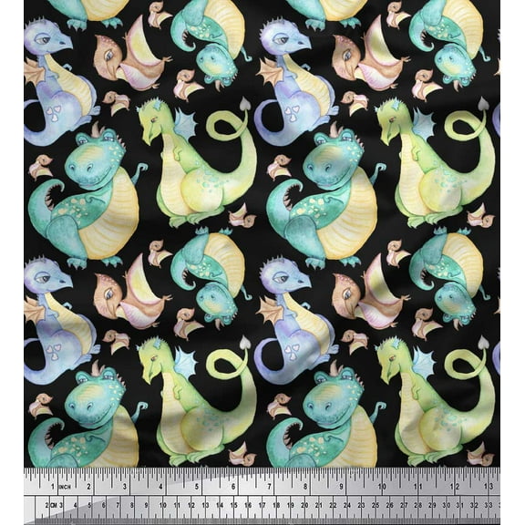 Soimoi Black Cotton Duck Fabric Dinosaurs Kids Printed Fabric 1 Yard 42 Inch Wide