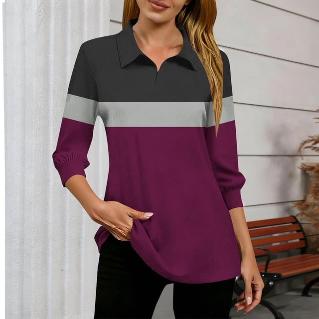 TaTaai 3/4 Sleeve V Neck Top for Women, Slim Fit Printed Fall Blouse, Casual Stretchy Fashion Wear, Elegant Daily Tops Gift
