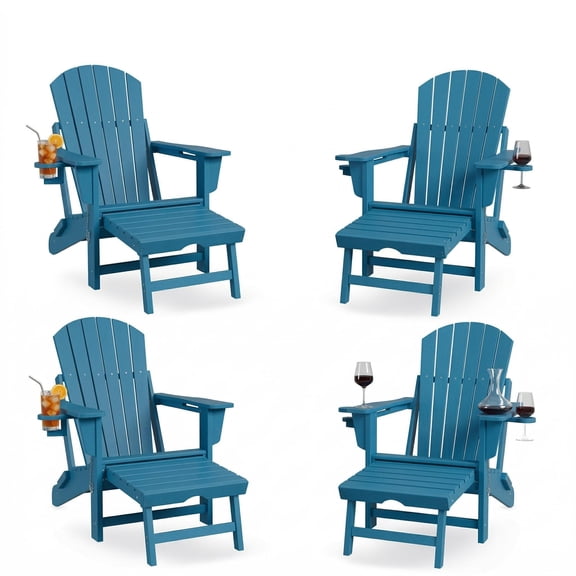 4-in-1 Folding Adirondack Rocking Chair with Retractable Ottoman & Dual Cup Holders, 380Lbs Heavy-Duty HDPE Build, All-Weather Outdoor Rocker for Porch and Deck