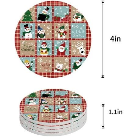 

FMSHPON Merry Christmas Red Black Buffalo Check Plaid Reindeer Montage Santa Claus Snowman Set of 4 Round Coaster Drinks Absorbent Ceramic Stone Coasters Cup Mat Cork Base Coffee Table Bar Decor