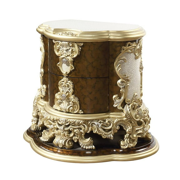 ACME Desiderius Wood 2-Drawers Nightstand in Antique Gold and Hand Paint Brown