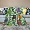 thumbnail image 2 of ONETECH  Owls Throw Blanket, Owl Pattern with Leaves Sleepy Confused Closed Crossed Eyes Funny Humor Comic, Flannel Accent Piece Soft Couch Cover for Adults,Green Pink, 2 of 6
