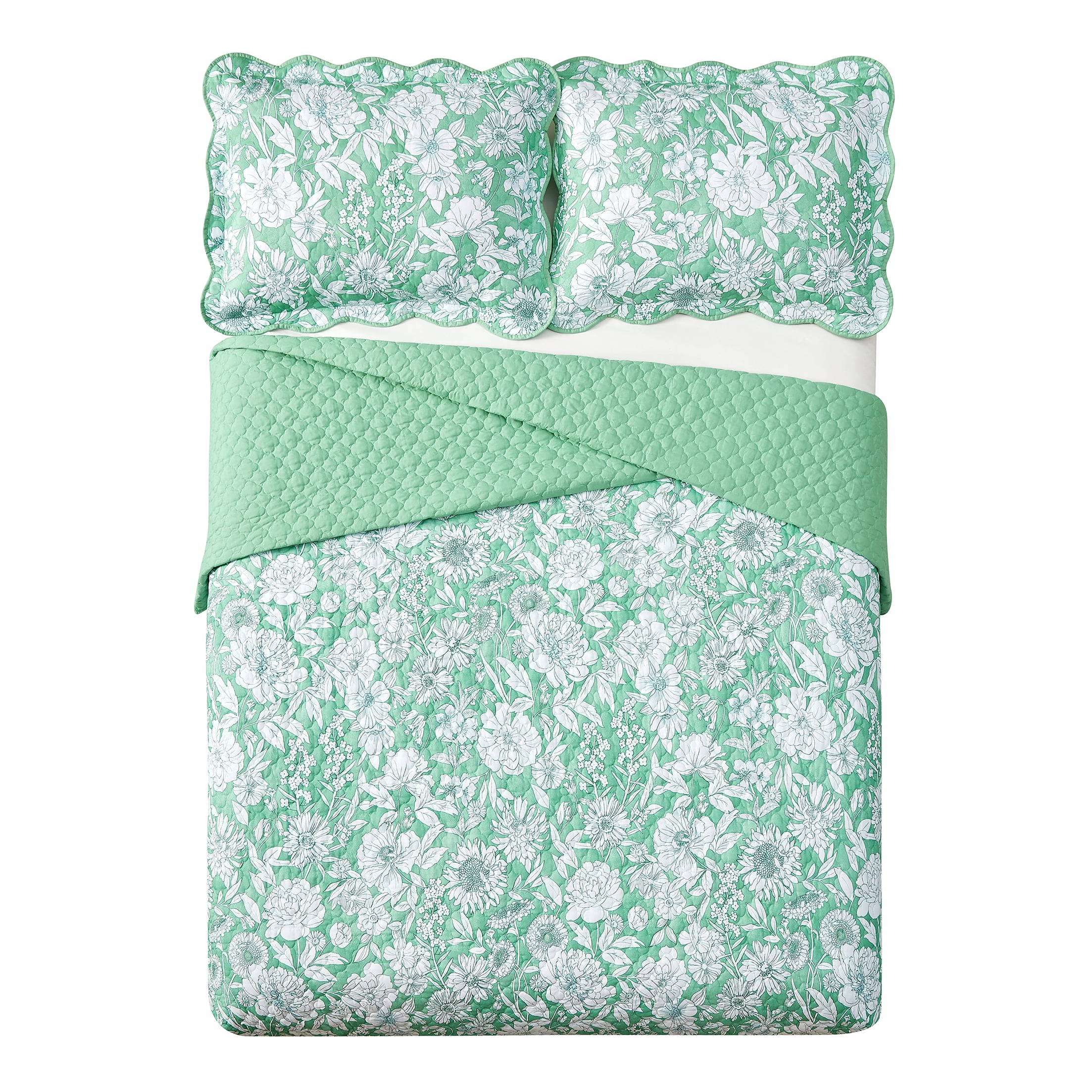 Mainstays Green Floral 3-Piece Quilt Set, Full/Queen
