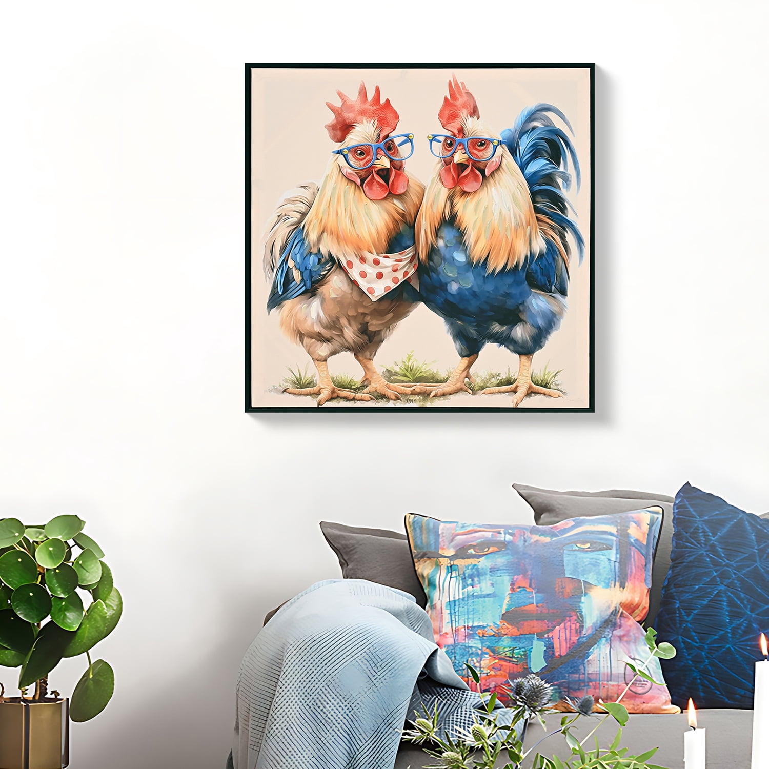 MOONMISS 24x24 Rooster Canvas Wall Art Farmhouse Rustic Chicken Country Farm Print Framed Living Room Kitchen Decor