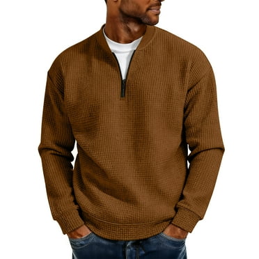 Tdoqot Mens Waffle Sweatshirt Quarter Zip- Long Sleeve Quilted Fashion Casual Pullover Tops Khaki Size XL