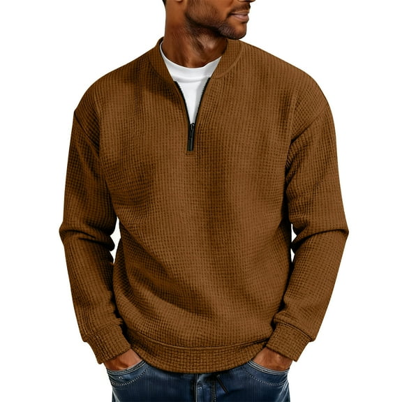Tdoqot Mens Waffle Sweatshirt Quarter Zip- Long Sleeve Quilted Fashion Casual Pullover Tops Khaki Size XL