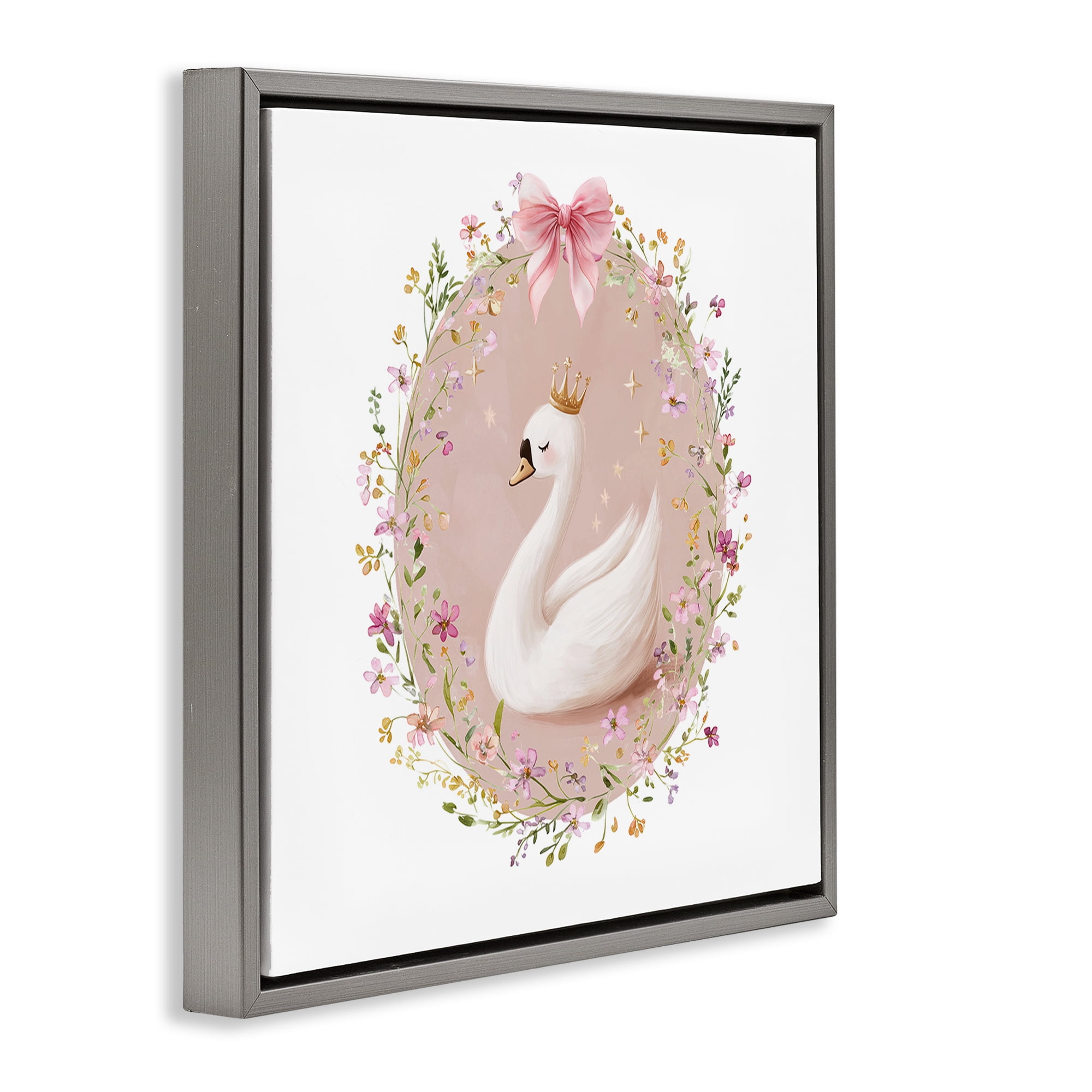 Stupell Industries Queen Swan with Florals Gray Framed Floater Canvas Wall Art, design by Christine Simpson Art