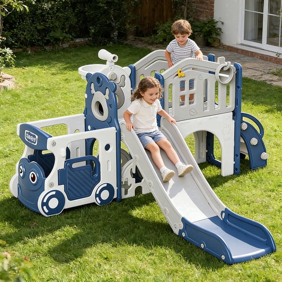 KORIMEFA 9-IN-1 Toddler Slide Set for kids Age 1-5, Bus-Themed Climber Indoor Outdoor Playset with Slide, Golf, Basketball Hoop, Climber, Wheel