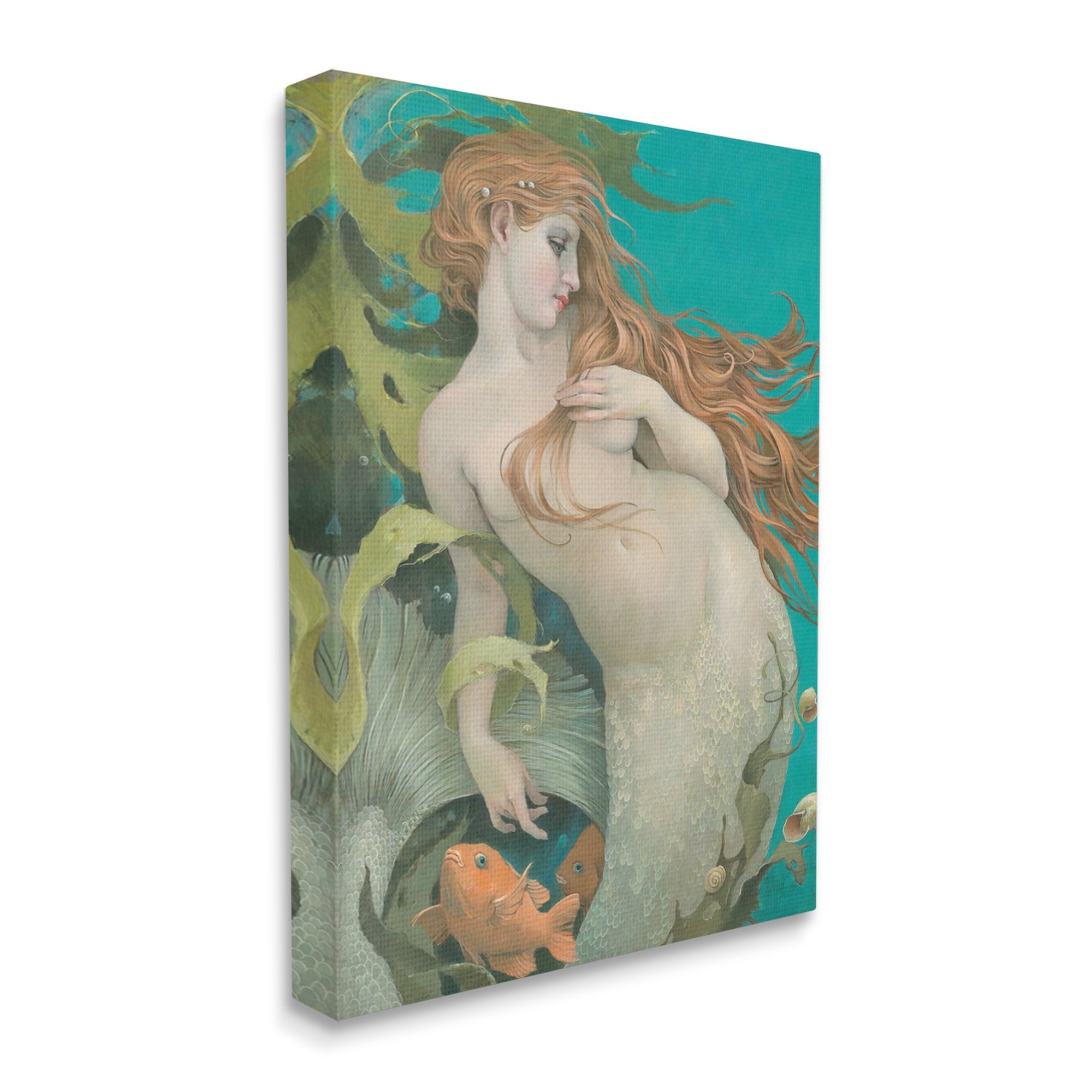 Stupell Industries Mermaid & Fish Underwater Fairy Tales & Fantasy Painting Gallery Wrapped Canvas Print Wall Art, 36 x 48