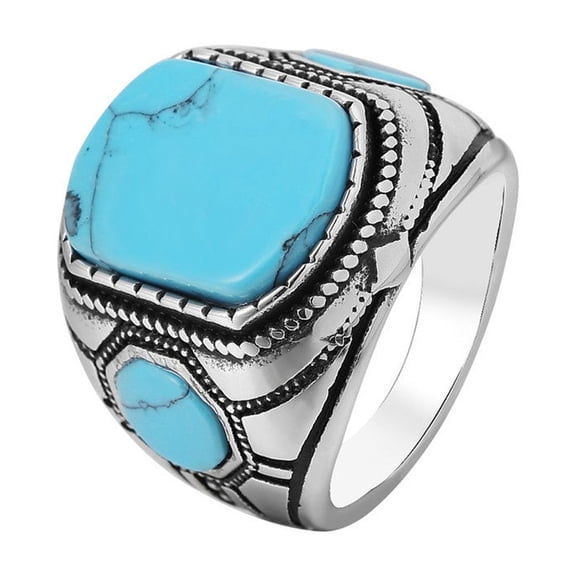 Men's Titanium Steel Ring with Vintage Turquoise Opal Stone Black Gun Plated Stainless Steel Band Perfect for Dating Party Prom or Valentines Day Gift