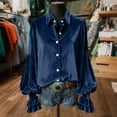 thumbnail image 1 of Karight Women's Velvet Button-Down Blouse Lantern Sleeves Lapel Neck Tunic Renaissance Elegance Loose Fit Ruffle Dressy Casual Top, 1 of 5