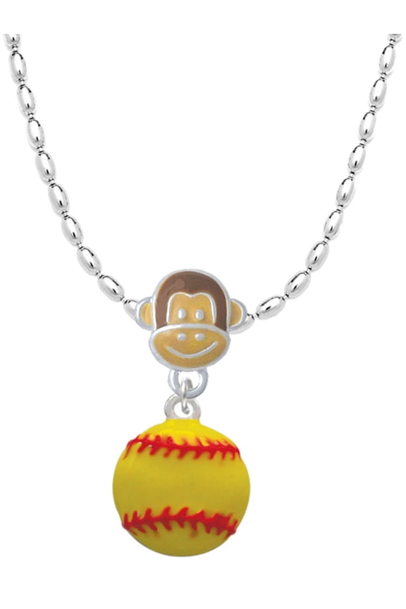 Silvertone Large Optic Yellow Softball Mia Monkey Charm Necklace