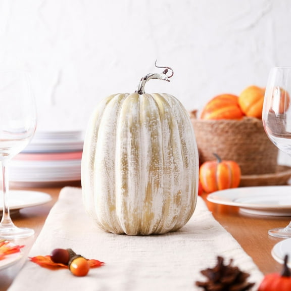 PPKVUFD 8.5 Inch Tall White Gold Artificial Pumpkin Fake Foam Lifelike Pumpkins Faux DIY Craft Halloween Fall Harvest Thanksgiving Wedding Party Paintable Table Centerpiece Decoration