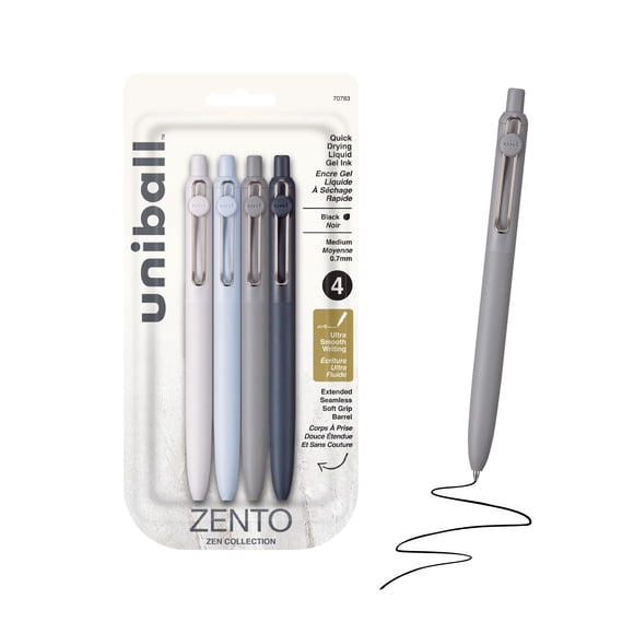 Stylos gel liquides rétractables uniball™ Zento, pointe moyenne de 0,7 mm, encre noire, couleurs de baril Zen, paquet de 4 – Encre gel lisse à séchage rapide