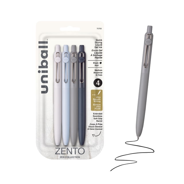 uniball™ Zento Retractable Liquid Gel Pens, 0.7mm Medium Point, Black Ink, Zen Barrel Colors, 4 Count – Smooth, Quick-Drying Gel Ink