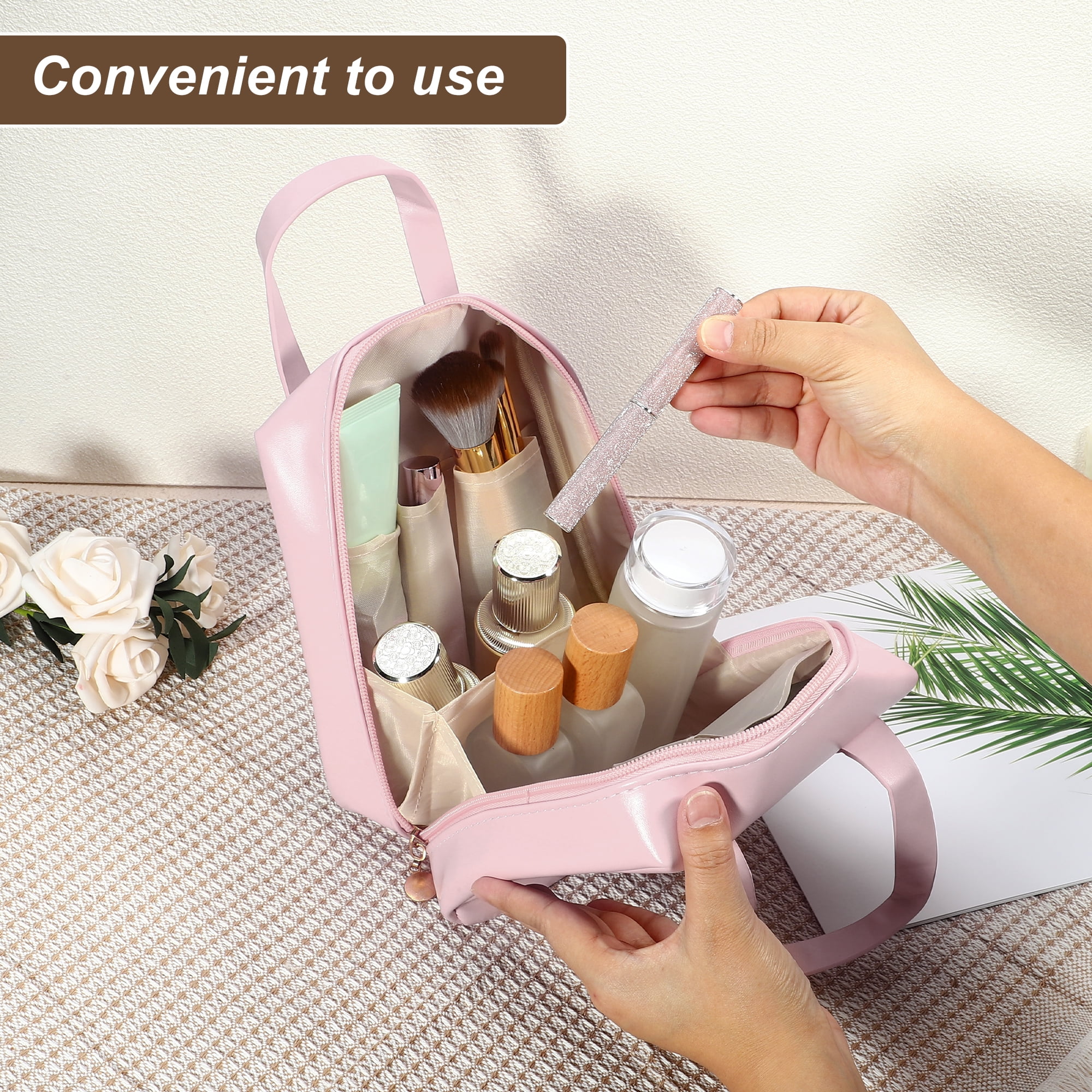 Unique Bargains Portable Makeup Bag Large Capacity Travel Makeup Pouch with Handle Pink