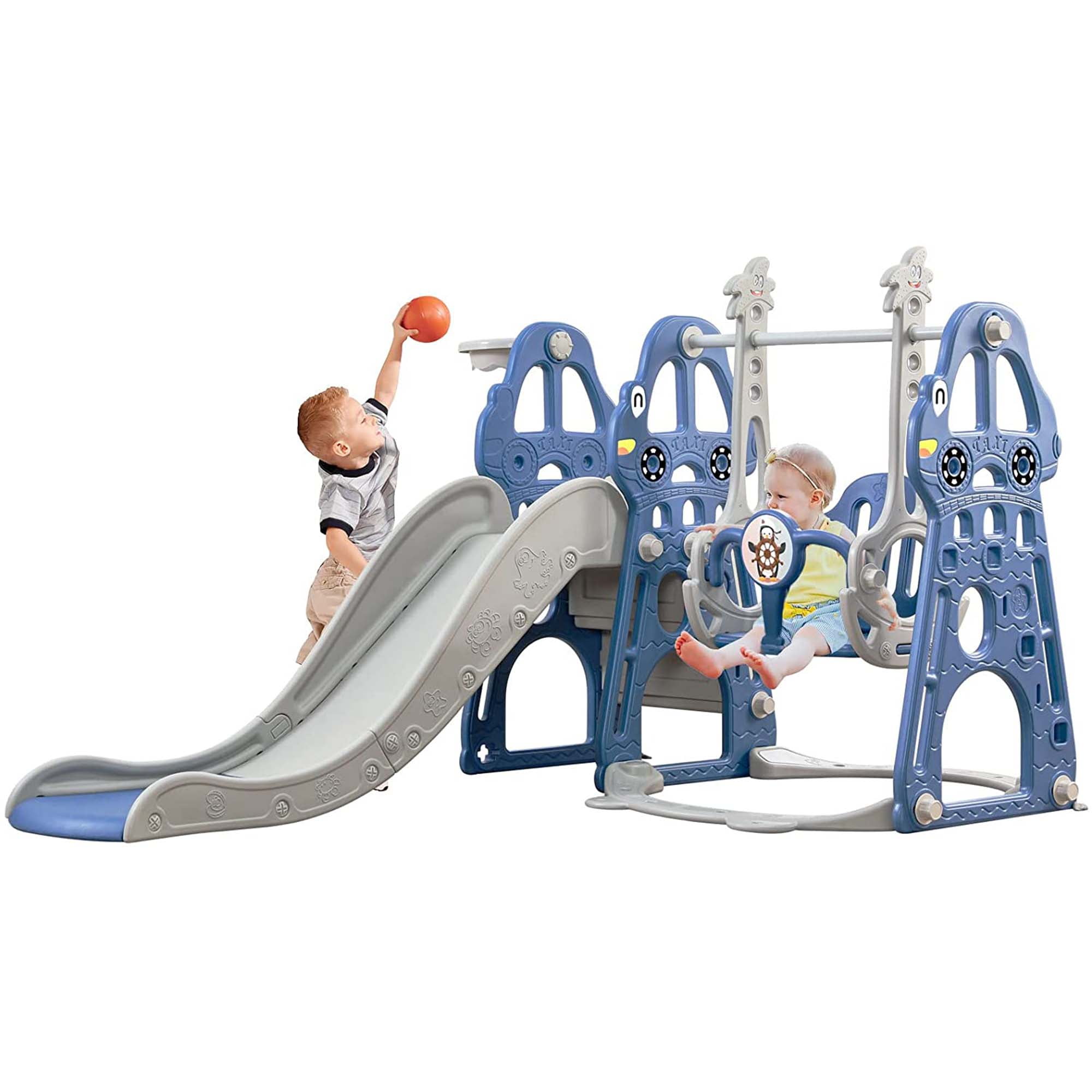 4 in 1 Toddlers Slide Slide and Swing Set for Toddlers Indoor/Outdoor Backyard Kids Play Climber Slide Playset with Basketball Extra Long Slide Blue Safe Climbing Toddler Slide 