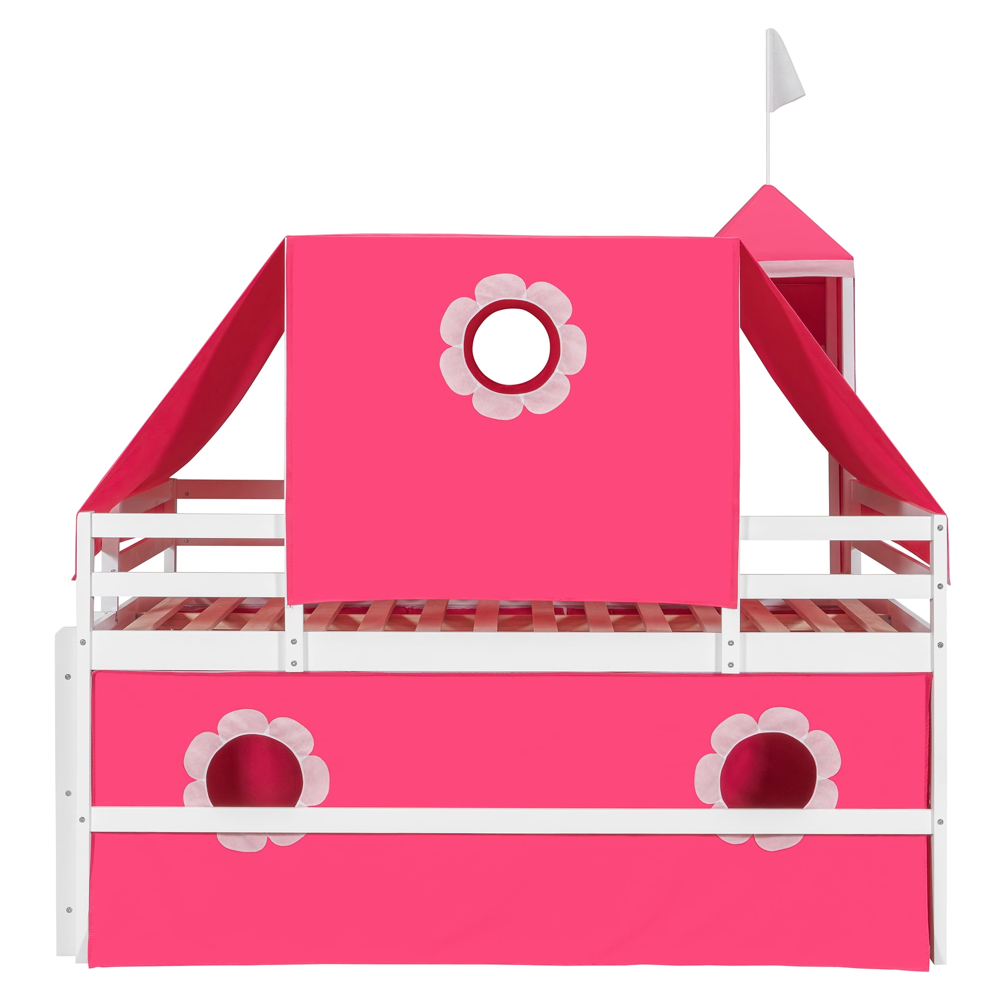 Aukfa Full Size Loft Bed with Slide - Princess Castle Bed with Tent and Tower for Kids Girls - Pink