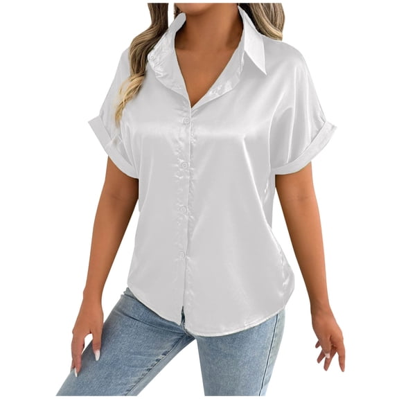 yillto Womens Satin Silky Top Cap Short Sleeve Button down Blouse Business Dressy Fashion Shirts