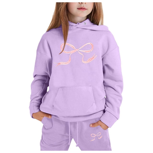 GDREDA Girls Outfit Set Children's Hoodie Set With Bow Print Light Purple,3-4Years