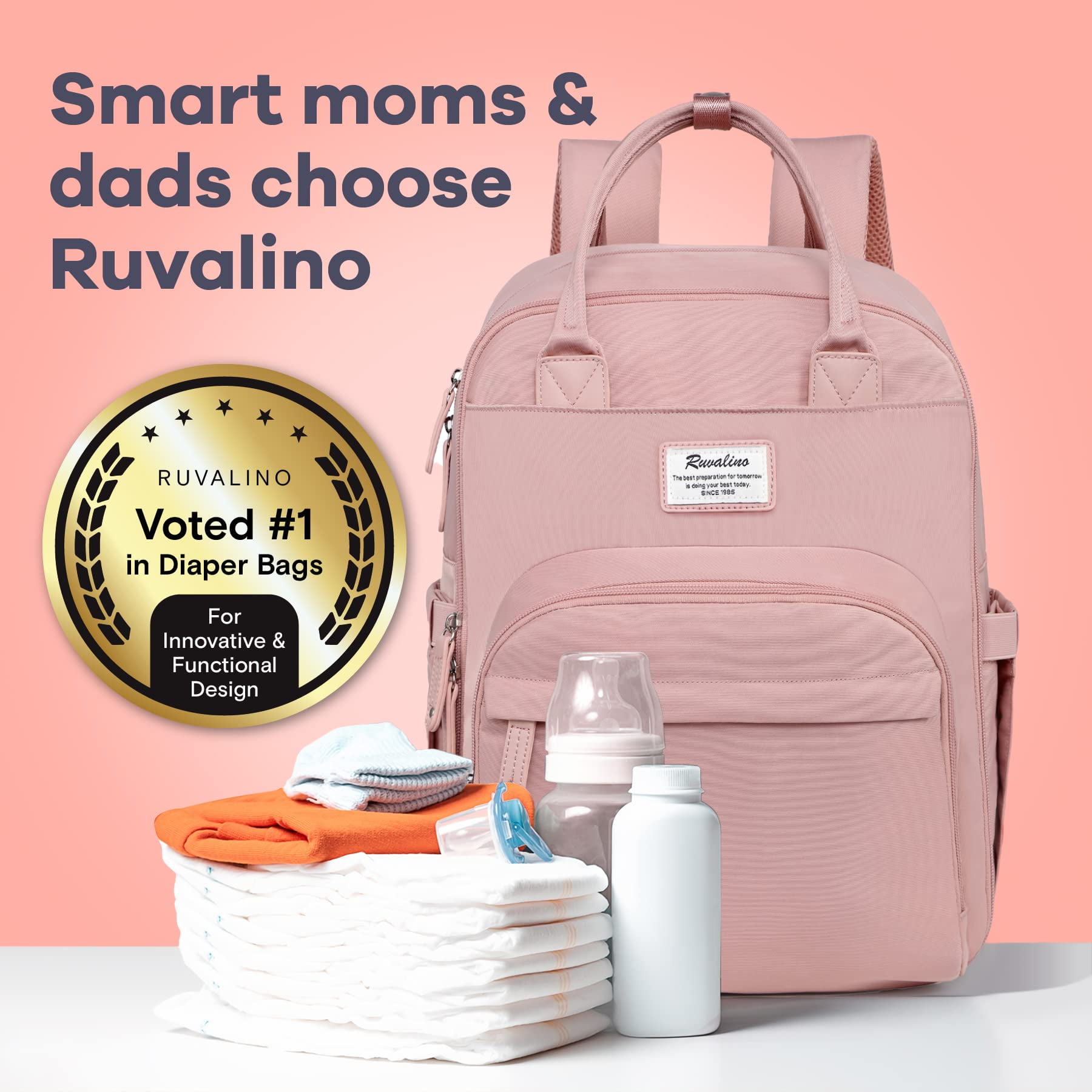 Ruvalino Baby Diaper Backpack for Infants and Toddlers, Large Capacity Travel Organizer with Insulated Bottle Pockets, Waterproof, Pink