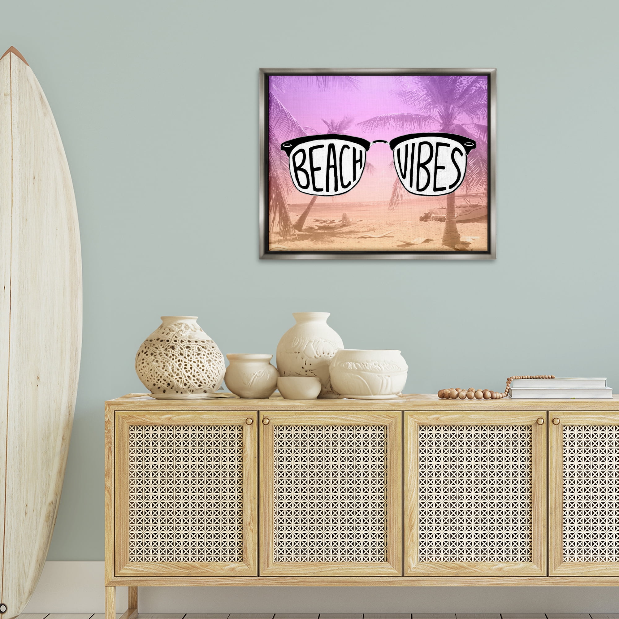 Stupell Industries Tropical Beach Vibes Typography Painting Gray Floater Framed Canvas Art Print Wall Art, 31 x 25