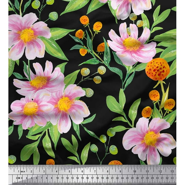 Soimoi Moss Georgette Fabric Leaves & Wild Flower Fabric Prints By Yard 42 Inch Wide
