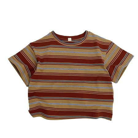 RUTAYY Children S T-Shirts Unisex Striped Casual Top Classic Versatile Tops Brick Red 3-5 Years