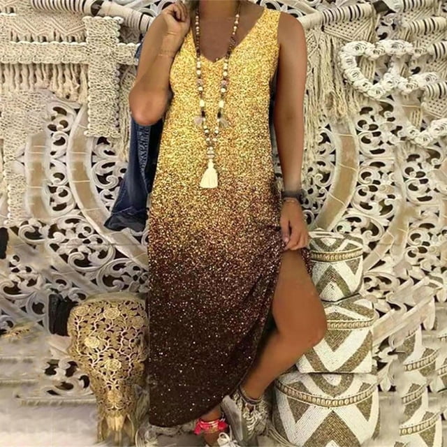 SMihono Robe Maxi Boho d'Été pour Femmes Grande Taille Femmes Décontractée Grande Taille Imprimé Col en V Poches Sans Manches Robe Maxi Longue Plage Balançoire Robe d'Été