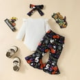 thumbnail image 4 of HWJAD Newborn Baby Girl Halloween Bell Bottom Outfit Ruffle Romper Cute Pumpkin Ghost Flare Pants Set Headband Clothes, 4 of 11