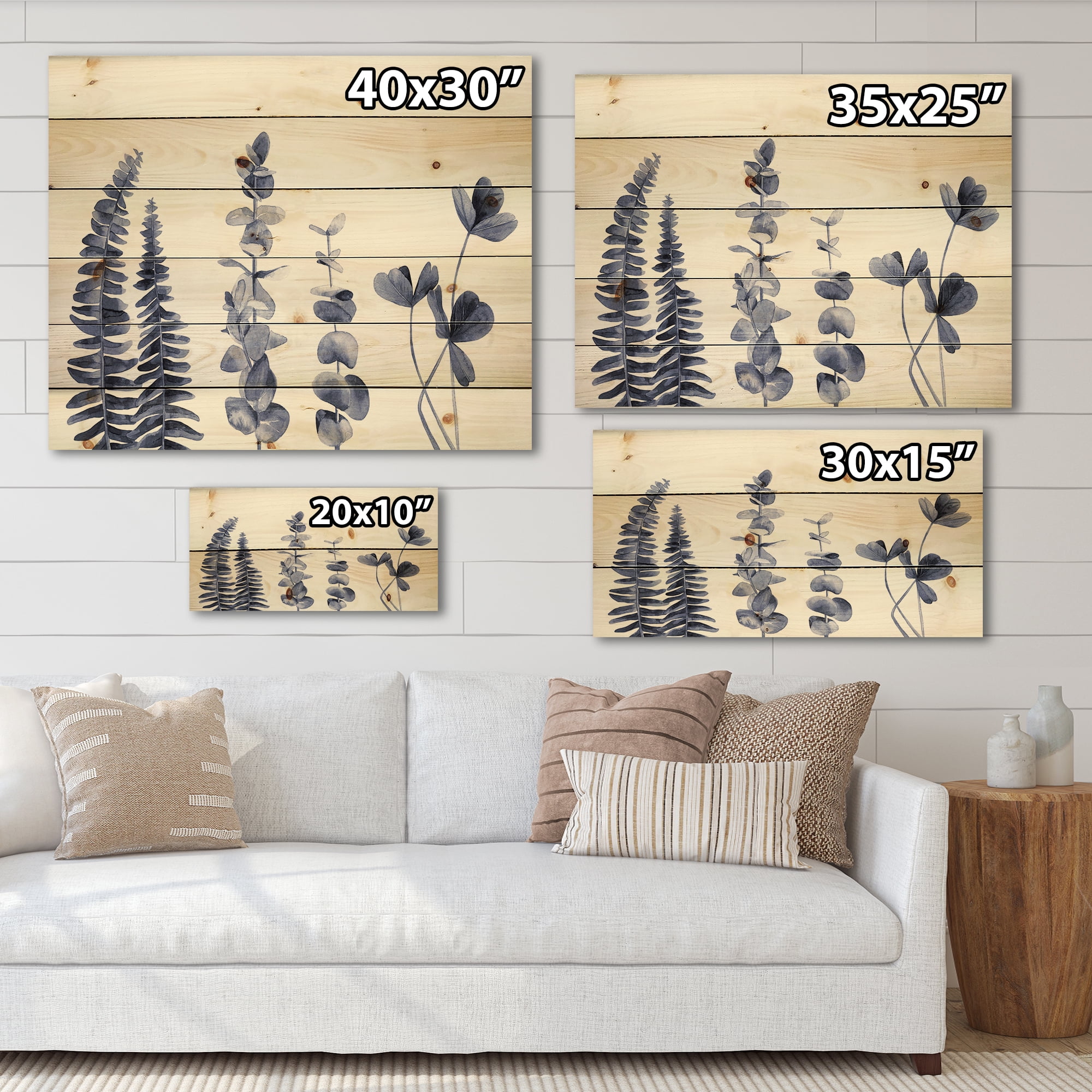 Designart 'Navy Blue Eucalyptus On White I' Traditional Print on Natural Pine Wood